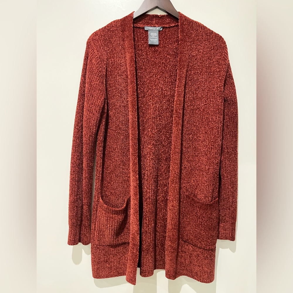 NWOT Matty M Cardigan Open Front Mid-Thigh Length, Reddish Brown, Pockets